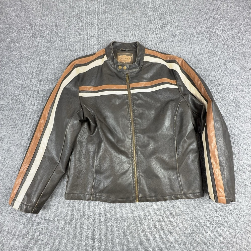 Arizona Jean Company Jacket Womens Large Brown Faux Leather Stripe Moto Zip